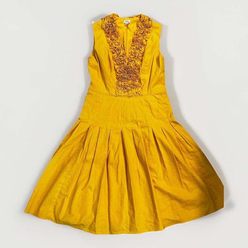 Cache Yellow Linen Blend Ruffle Pleated Dress Sz 6 Sundress Fit&Flare Short(A6)